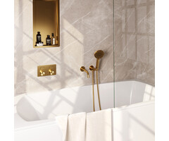 Brauer Gold Edition thermostatische inbouw badkraan SET met drukknoppen, uitloop, handdouche en wandaansluitbocht (goud geborsteld PVD)