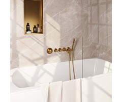 Brauer Gold Carving thermostatische inbouw badkraan SET 01 met uitloop, handdouche, doucheslang, en wandaansluitbocht goud geborsteld PVD