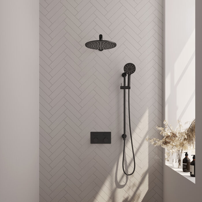 Brauer Inbouw regendouche set 68 met drukknoppen, douchekop 30cm, handdouche, doucheslang, glijstang mat zwart