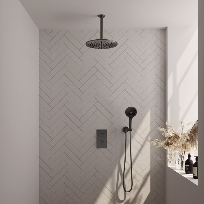 Brauer Gunmetal Carving thermostatische inbouw regendouche set met 3-weg omstelling, 30 cm douchekop en handdouche