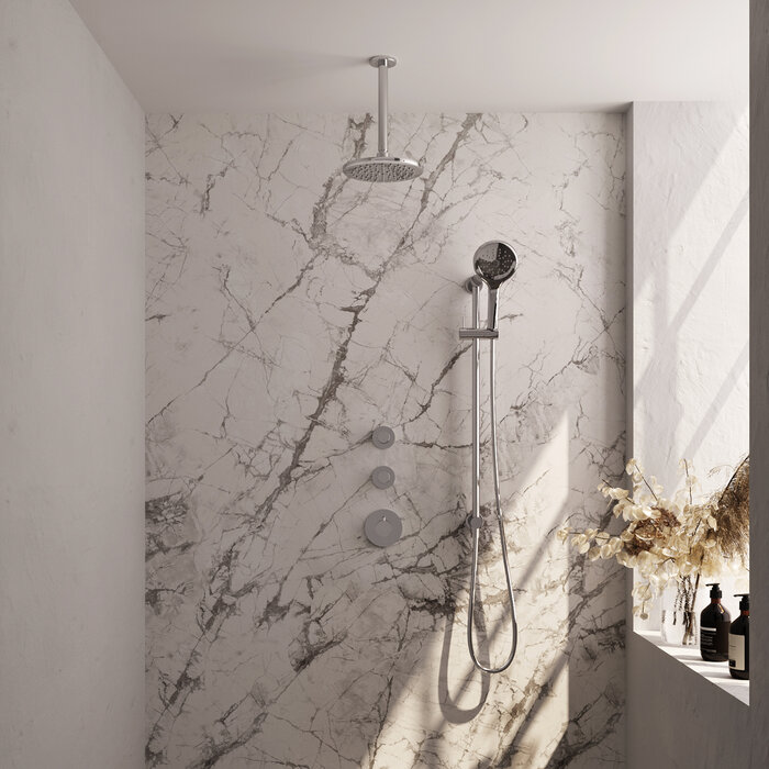 Brauer Chrome Carving Thermostatische Inbouw Regendouche Set 23 - 20 cm Douchekop + Plafondarm + 3-Standen Handdouche + Doucheslang + Geïntegreerde Glijstang Chroom