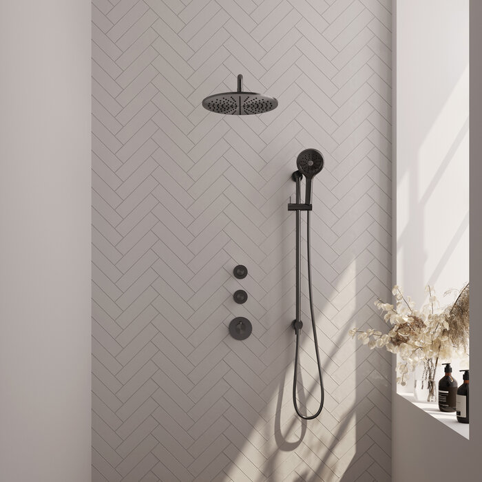 Brauer BRAUER Gunmetal Edition thermostatische inbouw regendouche SET 22 met 30 cm douchekop en gebogen muurarm en 3-standen handdouche en doucheslang en geïntegreerde glijstang gunmetal geborsteld PVD