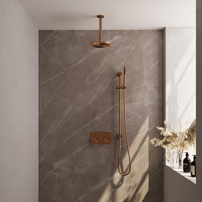 Brauer BRAUER Copper Carving thermostatische inbouw regendouche met drukknoppen SET 65 met 20 cm douchekop en plafondarm en staaf handdouche en doucheslang en geïntegreerde glijstang koper geborsteld PVD