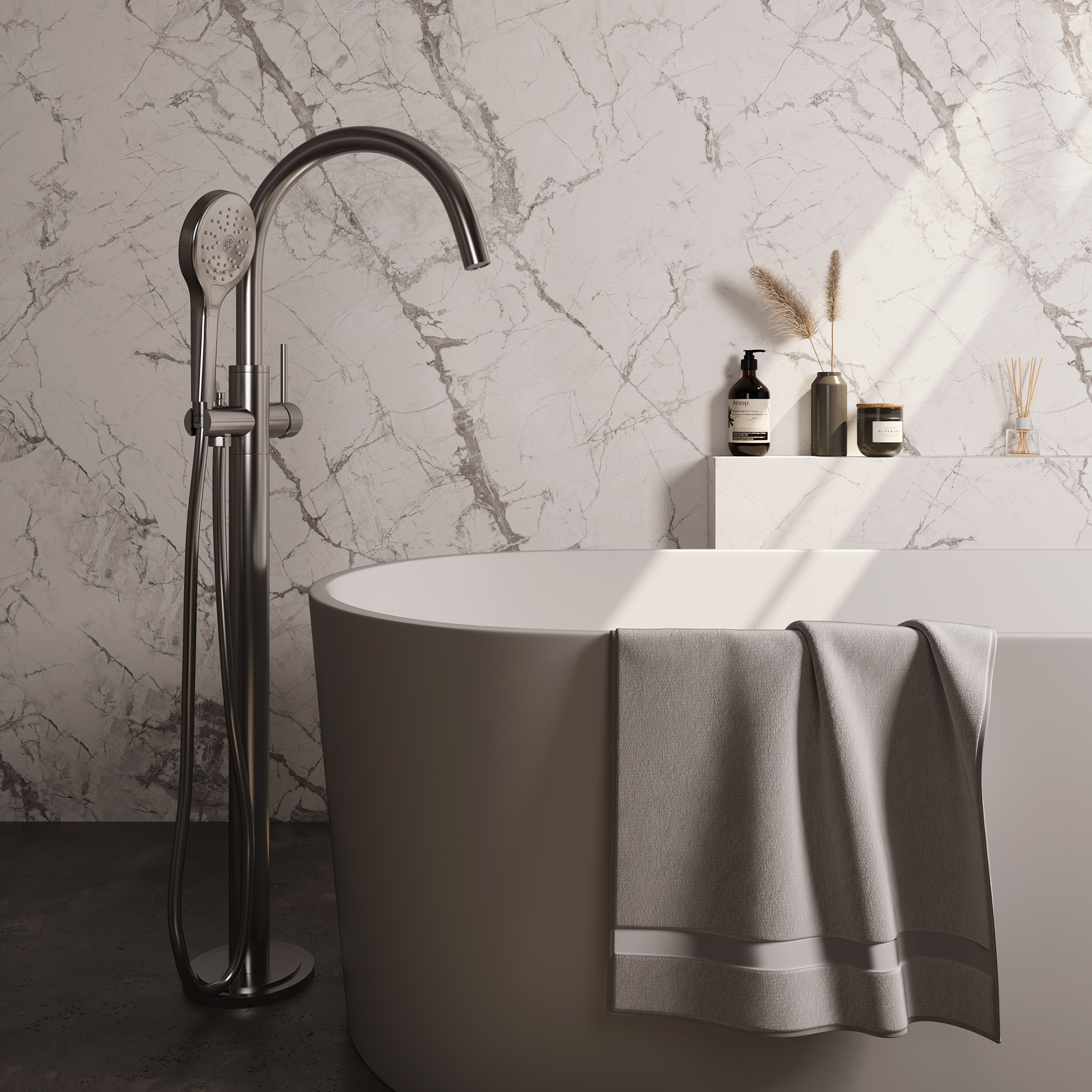 Brauer Brushed Carving vrijstaande badmengkraan SET met 3-standen handdouche - RVS geborsteld PVD