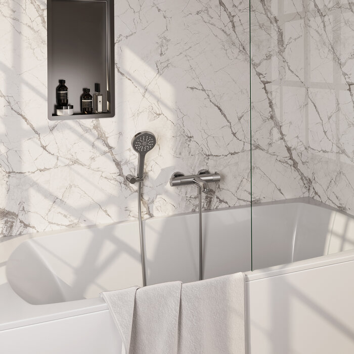 Brauer Brushed Carving thermostaatkraan SET 04 met wandhouder, 3-standen handdouche en doucheslang RVS geborsteld PVD