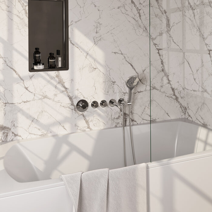 Brauer Chrome Carving thermostatische inbouw badkraan SET 02 met uitloop en handdouche, doucheslang en chroom wandaansluitbocht