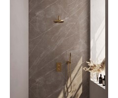 Brauer Gold Edition thermostatische inbouw regendouche 3-weg omstelling SET - 20 cm douchekop met gebogen muurarm, handdouche, slang en wandaansluitbocht (goud geborsteld PVD)