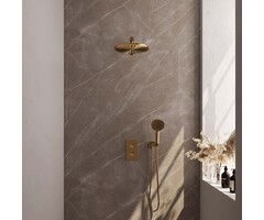 Brauer Goud geborstelde thermostatische inbouw regendouche set met 3-weg omstelling en 30 cm douchekop