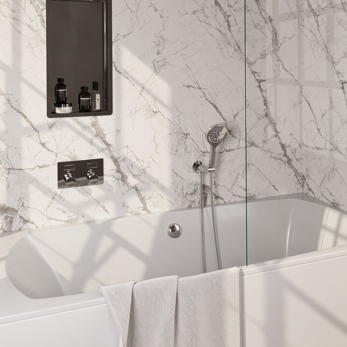 Brauer Chrome Edition thermostatische inbouw badkraan SET 04 met drukknoppen, badvulcombinatie, 3-standen handdouche, doucheslang en wandaansluitbocht