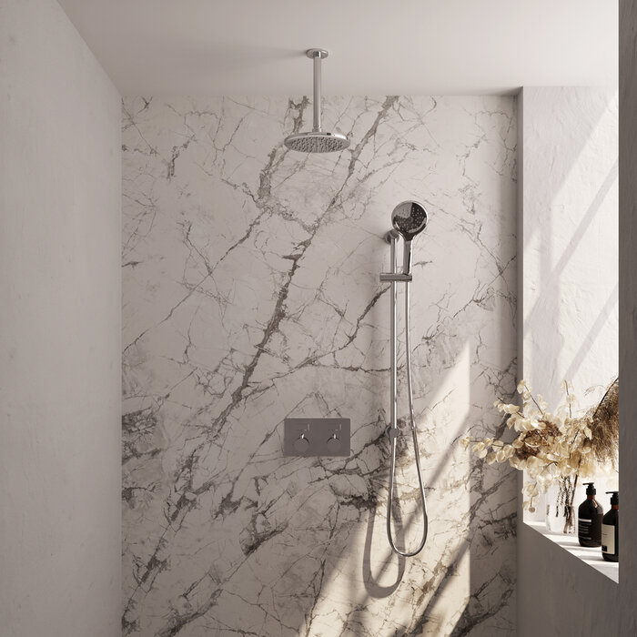 Brauer Chrome Carving thermostatische regendouche met drukknoppen SET 71: 20 cm douchekop, plafondarm, 3-standen handdouche, doucheslang en geïntegreerde glijstang