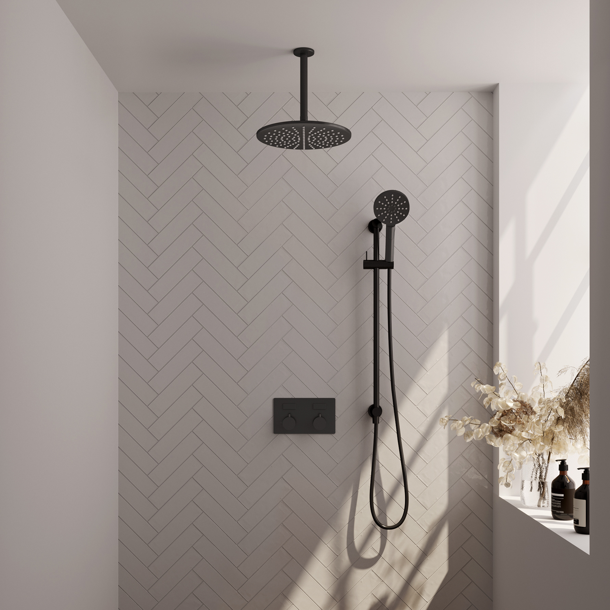 Brauer Zwarte thermostatische inbouw regendouche SET 72 met 30 cm douchekop en plafondarm, 3-standen handdouche, doucheslang en glijstang