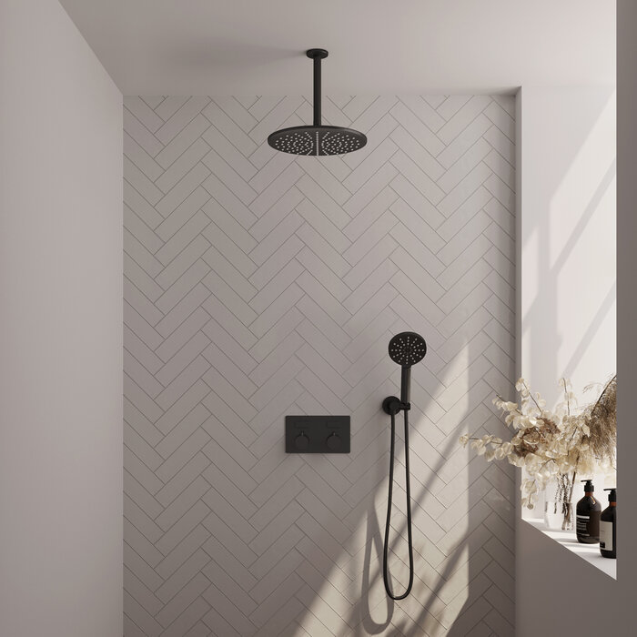 Brauer Black Edition thermostatische inbouw regendouche SET 60 met drukknoppen, 30 cm douchekop en plafondarm