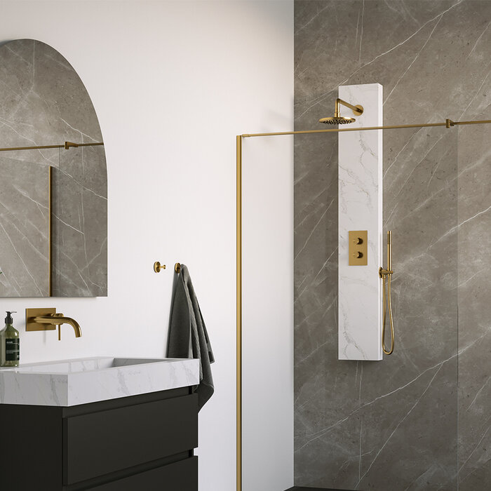 Brauer Gold Edition thermostatisch douchepaneel met omstelling, calacatta gold SET 01, 20 cm douchekop, gebogen muurarm, staaf handdouche, wandaansluitbocht, goud geborsteld PVD