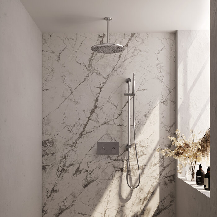 Brauer Chrome Edition thermostatische regendouche met drukknoppen SET 66 - 30 cm douchekop met plafondarm, staaf handdouche, doucheslang en geïntegreerde glijstang chroom