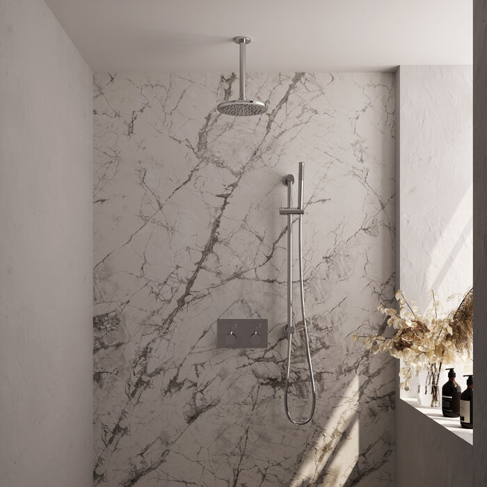 Brauer Chrome Edition thermostatische inbouw regendouche set met 20 cm douchekop, plafondarm, staaf handdouche, doucheslang en geïntegreerde glijstang