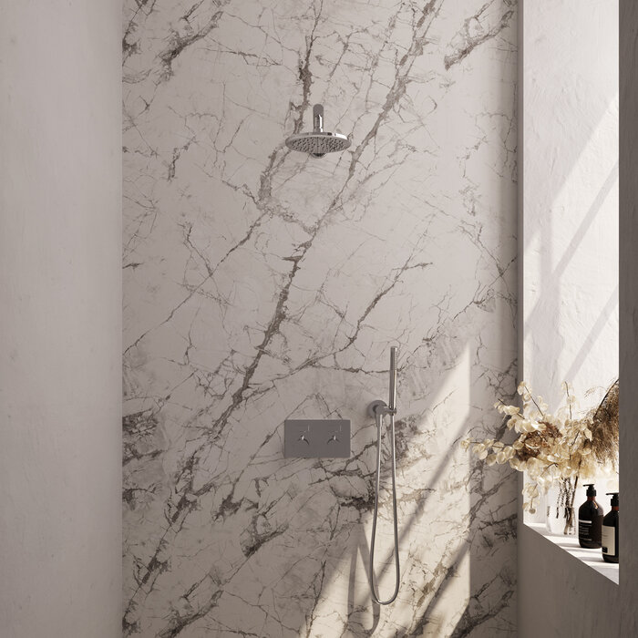 Brauer Chrome Edition thermostatische inbouw regendouche set 49: 20 cm douchekop met drukknoppen, muurarm, handdouche, doucheslang en wandaansluitbocht