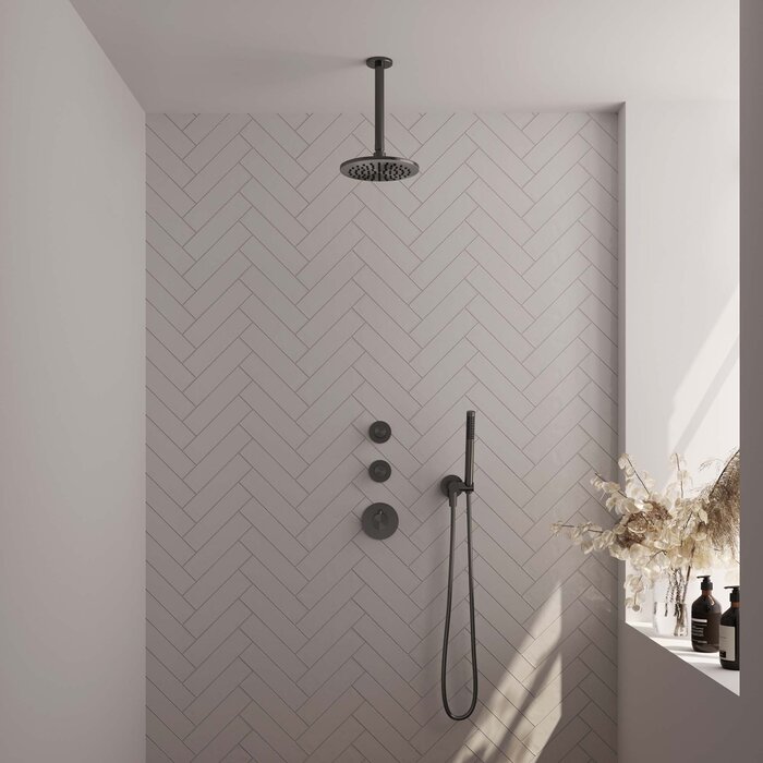 Brauer BRAUER Gunmetal Edition thermostatische inbouw regendouche SET 05 met 20 cm douchekop en plafondarm en staaf handdouche en doucheslang en wandaansluitbocht gunmetal geborsteld PVD