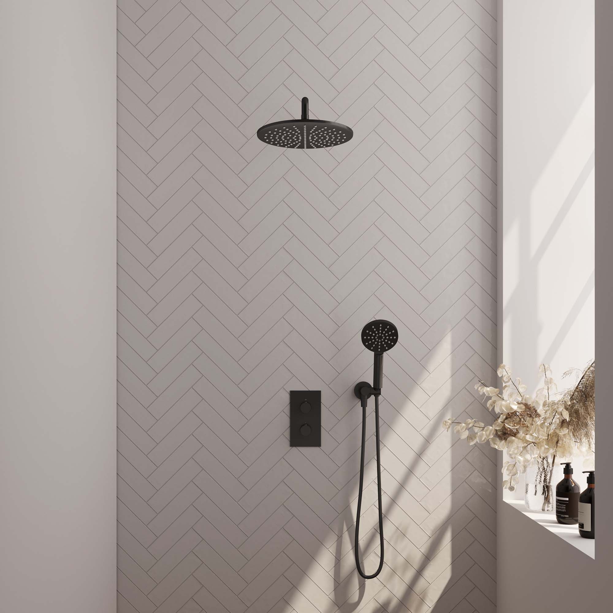 Brauer Black Edition inbouw regendouche 3-wegset - 30 cm douchekop, gebogen muurarm, 3-standen handdouche, doucheslang & wandaansluitbocht