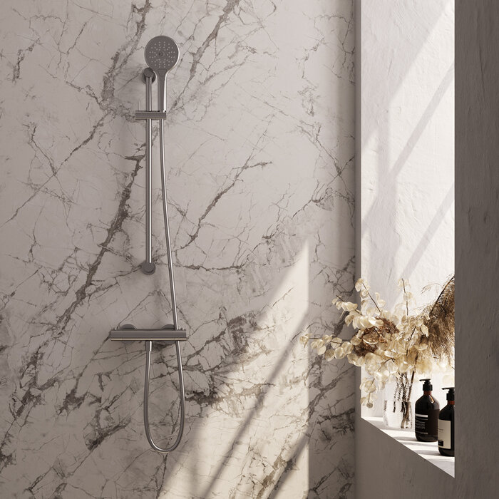 Brauer BRAUER Brushed Edition opbouw douche thermostaatkraan SET 02 met glijstang en 3-standen handdouche en doucheslang RVS geborsteld PVD