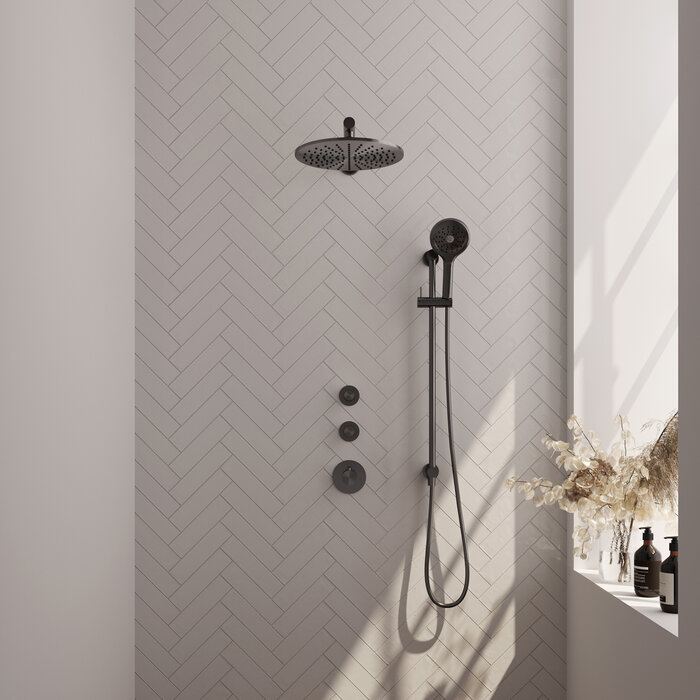 Brauer BRAUER Gunmetal Edition thermostatische inbouw regendouche SET 20 met 30 cm douchekop en rechte muurarm en 3-standen handdouche en doucheslang en geïntegreerde glijstang gunmetal geborsteld PVD