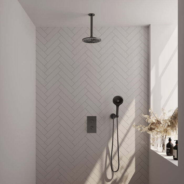 Brauer Gunmetal Carving thermostatische inbouw regendouche set 35 met 20 cm douchekop en handdouche