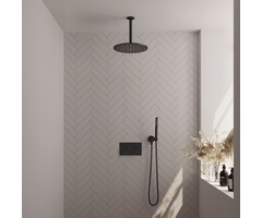 Brauer BRAUER Black Edition thermostatische inbouw regendouche met drukknoppen SET 54 met 30 cm douchekop en plafondarm en staaf handdouche en doucheslang en wandaansluitbocht mat zwart