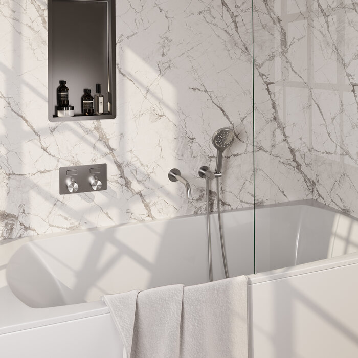 Brauer Inbouw badkraan SET met drukknoppen, uitloop, handdouche, doucheslang en wandaansluitbocht | RVS geborsteld PVD