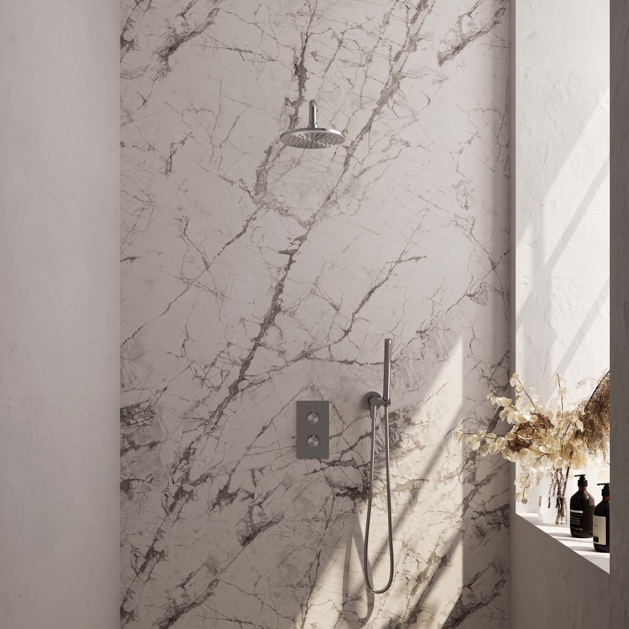 Brauer Brushed Edition thermostatische regendouche 3-weg omstelling SET 27 - RVS geborsteld PVD, incl. 20 cm douchekop, gebogen muurarm, staaf handdouche, doucheslang en wandaansluitbocht