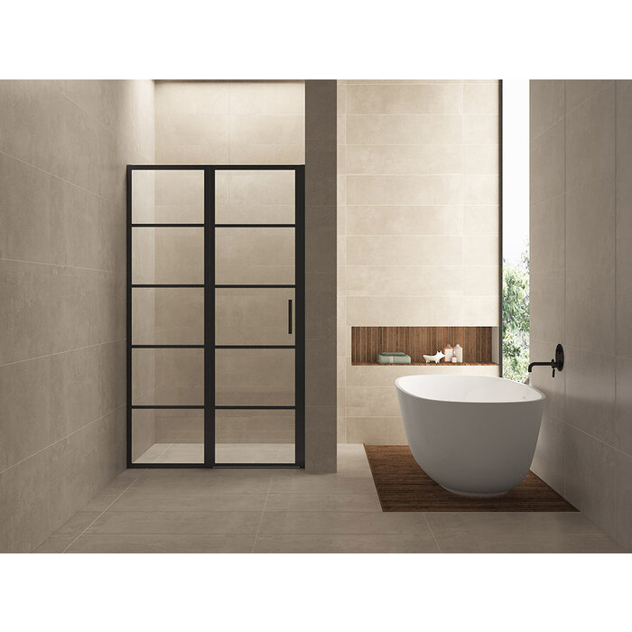 Wiesbaden Horizon nisdeur met vast deel en raster 1100 x 2000 x 8mm nano helder glas/mat zwart