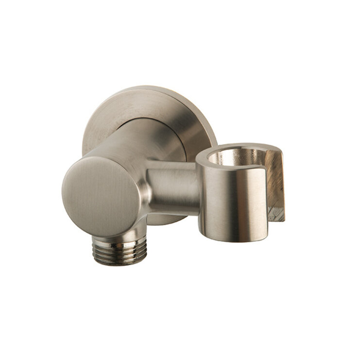 Wiesbaden Wandaansluitbocht met kantelbare handdouchehouder rond 1/2" geborsteld staal