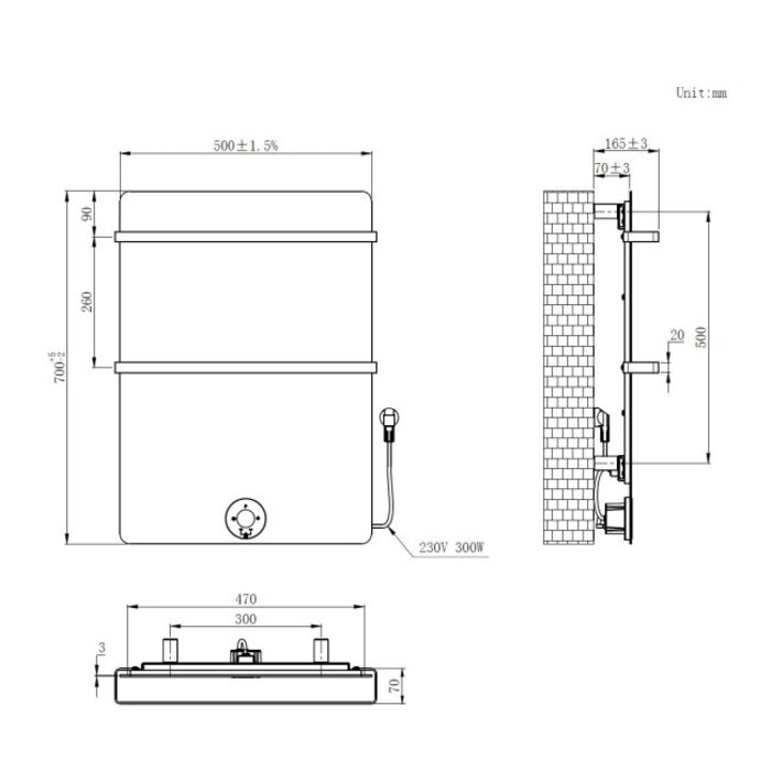 ADW Best-Design "Brenner-Black" Elektrische radiator mat-zwart 300W 700x500mm