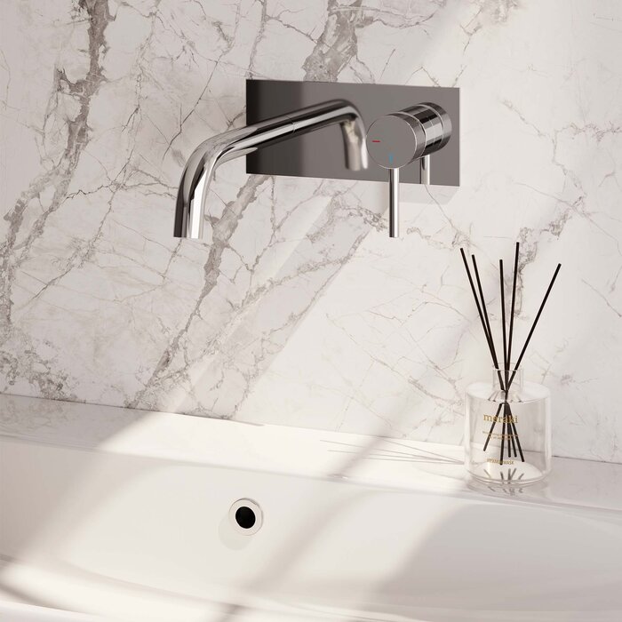 Brauer Chrome Carving inbouw wastafelmengkraan met gebogen uitloop en afdekplaat, model A1 chroom - BRAUER