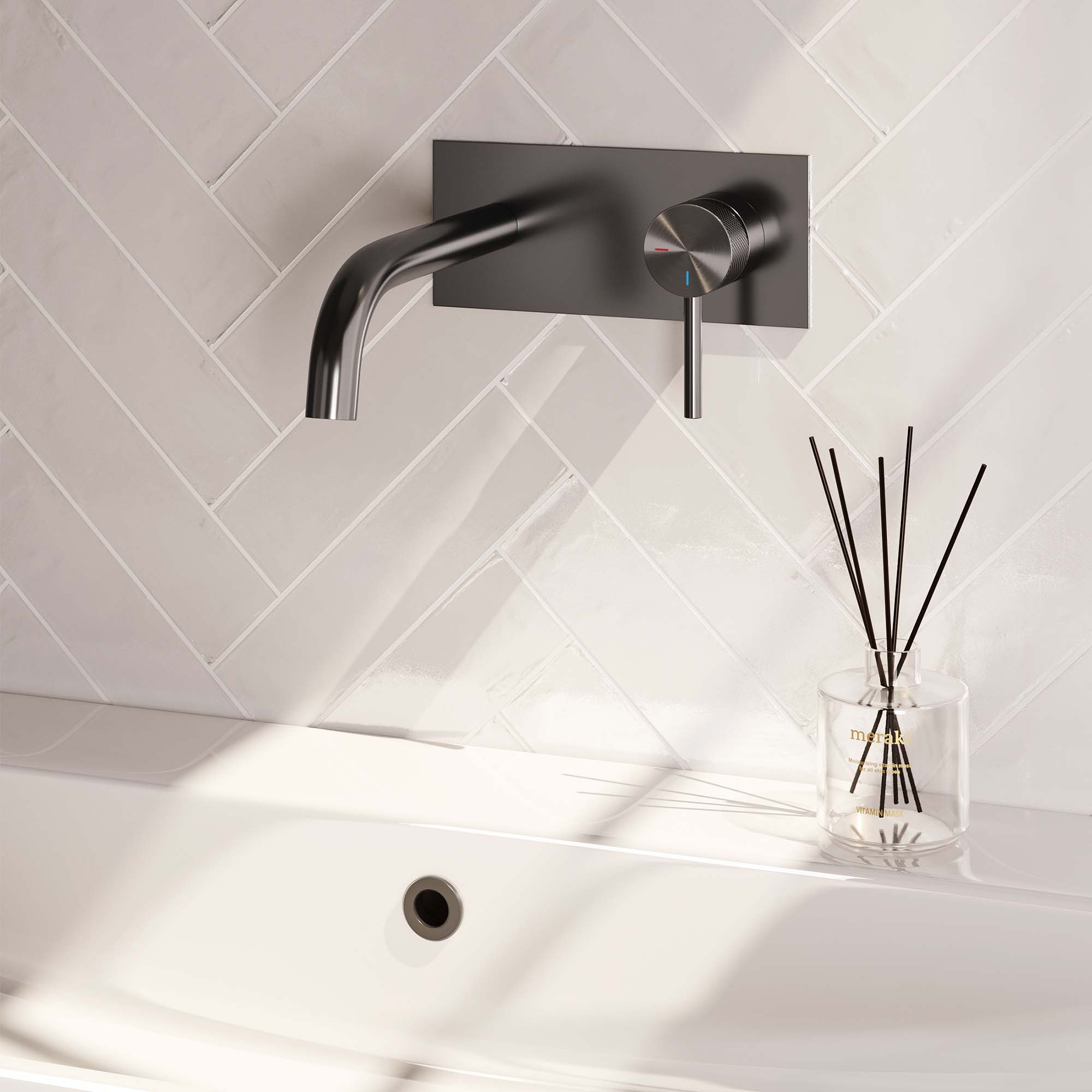 Brauer Gunmetal Carving inbouw wastafelmengkraan gebogen uitloop en afdekplaat model A1 gunmetal geborsteld PVD