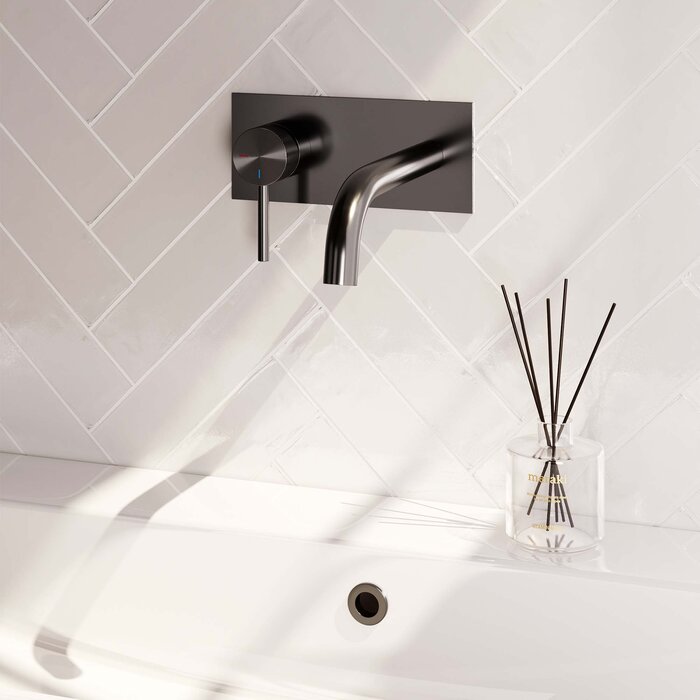 Brauer Gunmetal Carving inbouw wastafelmengkraan met gebogen uitloop en afdekplaat gunmetal geborsteld PVD