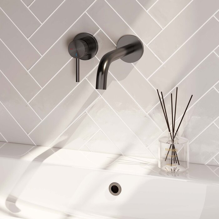 Brauer Gunmetal Carving inbouw wastafelmengkraan, gebogen uitloop, rozetten A2 gunmetal geborsteld PVD