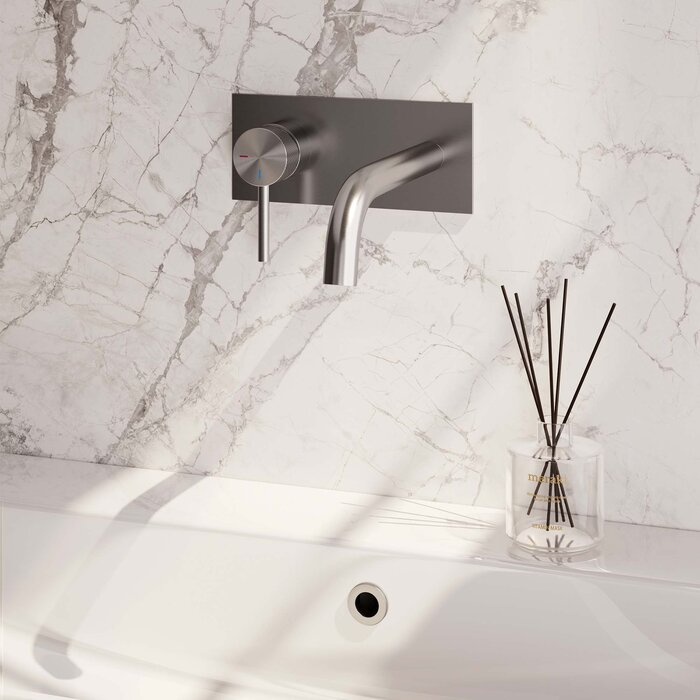 Brauer Brushed Carving inbouw wastafelmengkraan met gebogen uitloop en afdekplaat A2 RVS geborsteld PVD