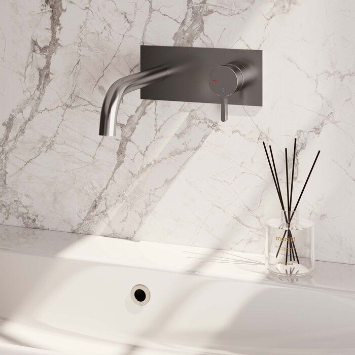 Brauer Brushed Edition inbouw wastafelmengkraan - gebogen uitloop en afdekplaat - model E1 RVS geborsteld PVD