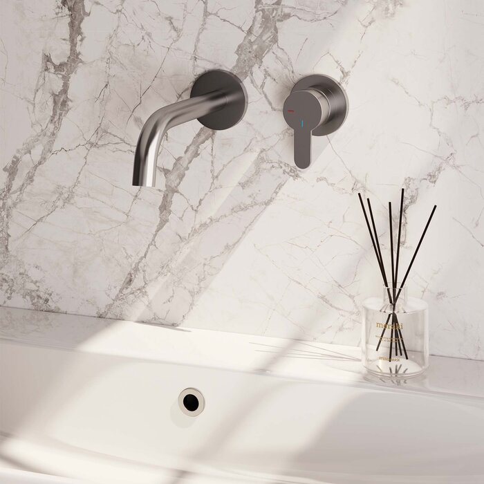 Brauer Inbouw wastafelmengkraan met gebogen uitloop en rozetten, model D1, RVS geborsteld PVD