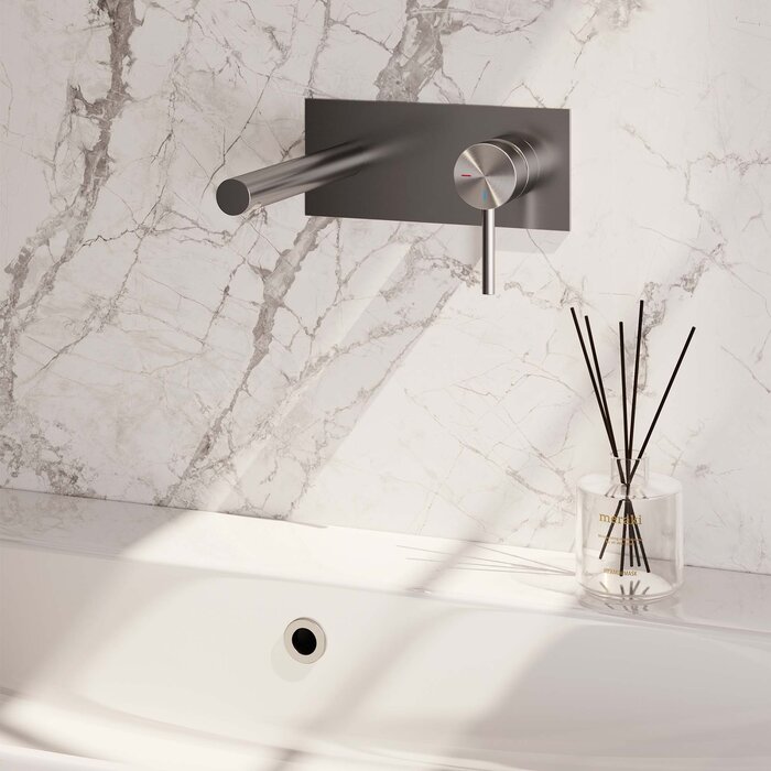 Brauer Inbouw wastafelmengkraan met rechte uitloop en afdekplaat, model A1 RVS geborsteld PVD