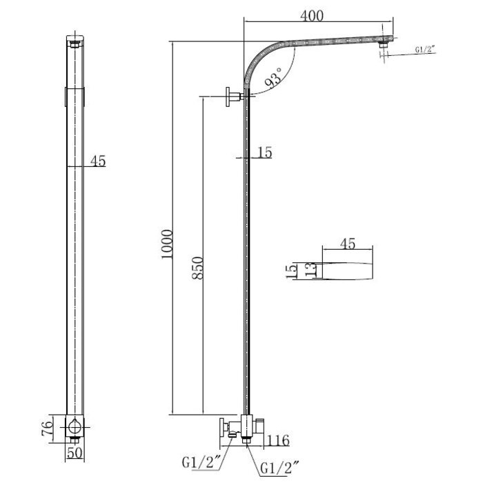 Wiesbaden Luxe douchestang+ omstelknop 45x1000 chroom