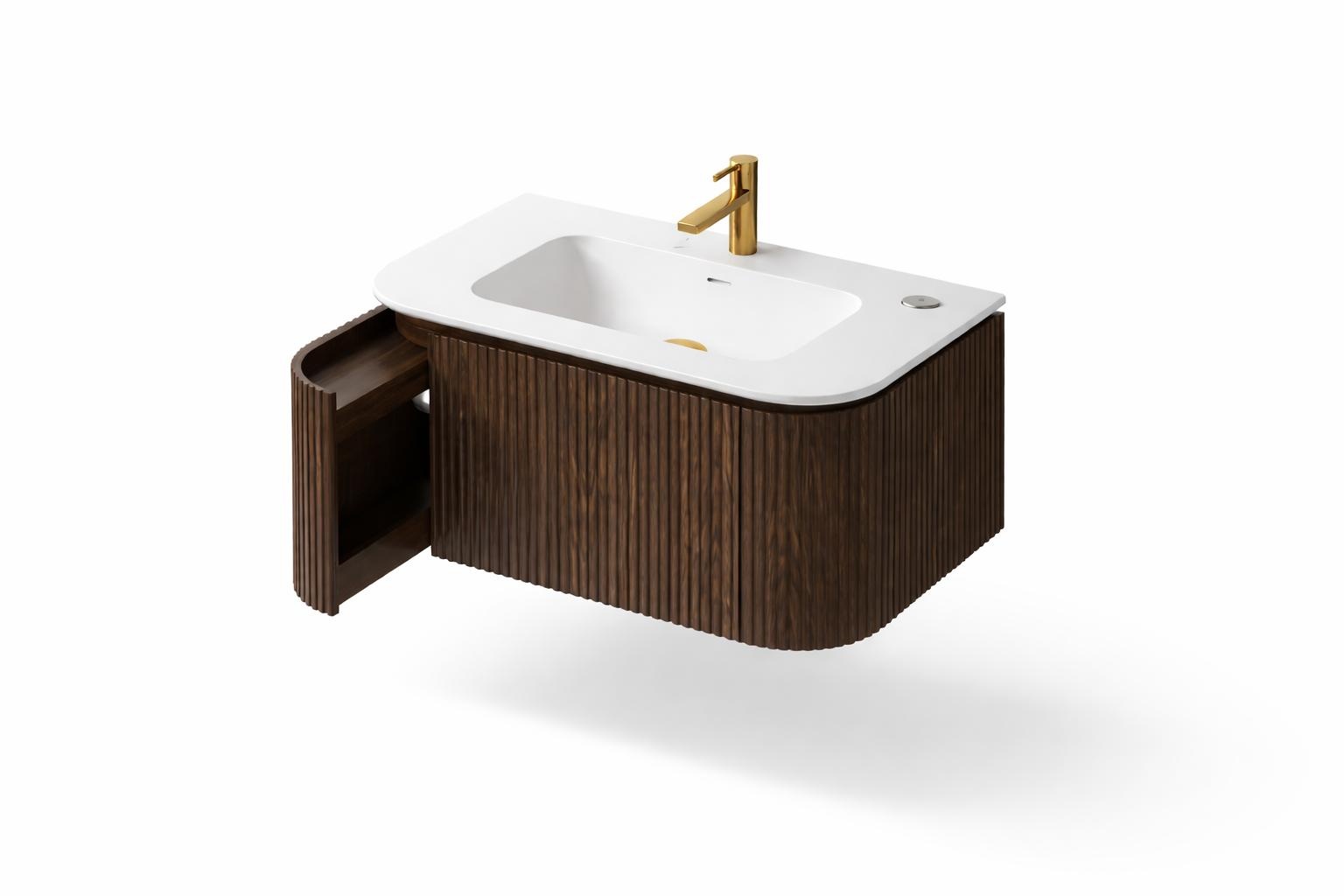Dutch Bathroom Company DBC badkamermeubel Walnut 80cm met Solid Surface wastafelblad 80cm met kraangat