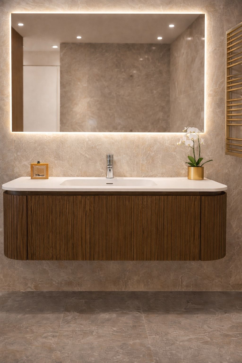 Dutch Bathroom Company DBC badkamermeubel Walnut 80cm met Solid Surface wastafelblad 80cm met kraangat