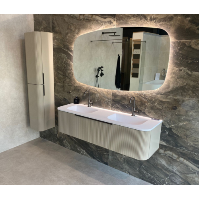 Dutch Bathroom Company DBC Badkamermeubel round mat creme cotton 140x45x35cm inclusief Polystone wastafelblad  (dubbele wasbak)  met 2 kraangaten