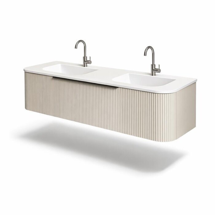 Dutch Bathroom Company DBC Badkamermeubel round mat creme cotton 140x45x35cm inclusief Polystone wastafelblad  (dubbele wasbak)  met 2 kraangaten