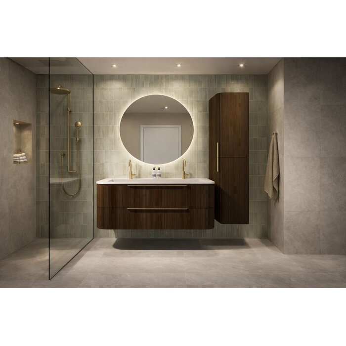 Dutch Bathroom Company DBC Badkamermeubel round shadow verticaal gefreesd 120x45x52cm met Porselein wastafelblad mat wit inclusief 2 kraangaten 120x45x1.7cm
