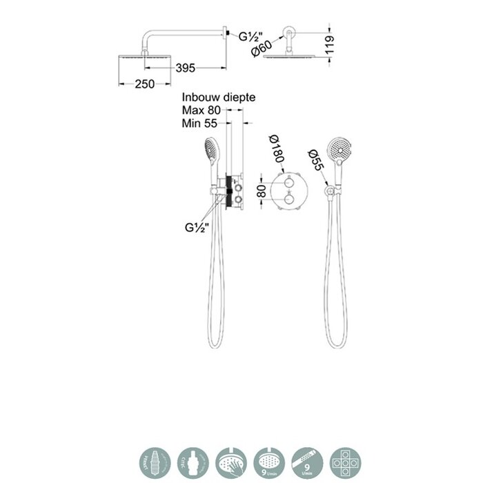 June Dutch Bathroom Regendoucheset inbouw met thermostaat en wandarm, incl. 3-standen handdouche en hoofddouche Ø25cm – Geborsteld mat koper PVD