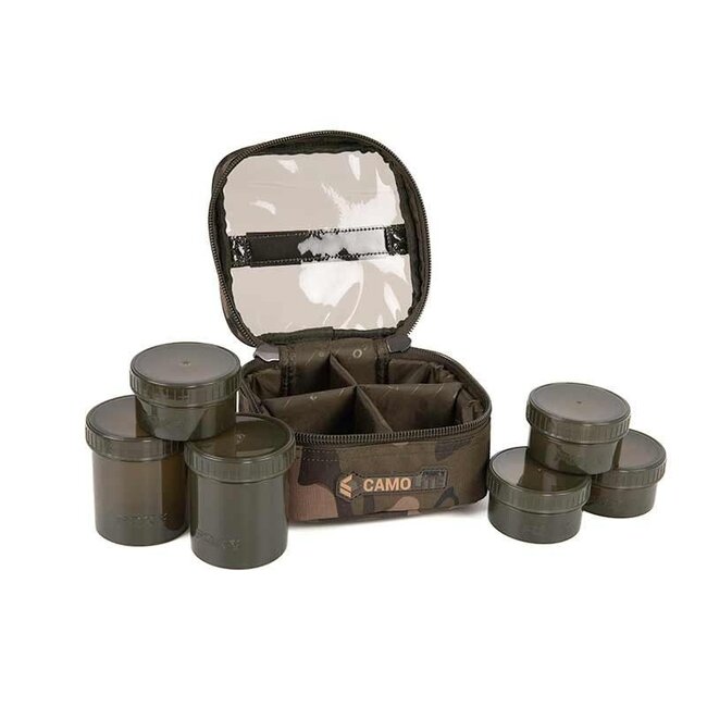 FOX Camolite 6 Pot Hookbait Case - Sacoche à hameçons résistante à l'eau avec 6 pots en Fox Camo