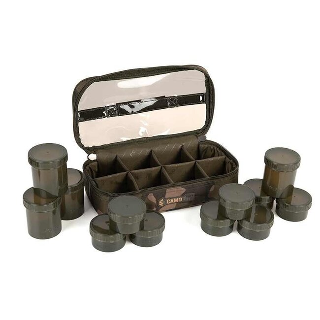 FOX Camolite 12 Pot Hookbait Case - Sacoche à hameçons résistante à l'eau avec 12 pots en Fox Camo