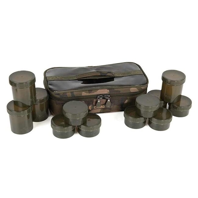 FOX Camolite 12 Pot Hookbait Case - Sacoche à hameçons résistante à l'eau avec 12 pots en Fox Camo
