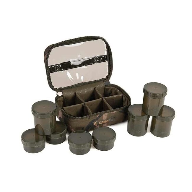 FOX Camolite 8 Pot Hookbait Case - Sacoche à hameçons résistante à l'eau avec 8 pots en Fox Camo